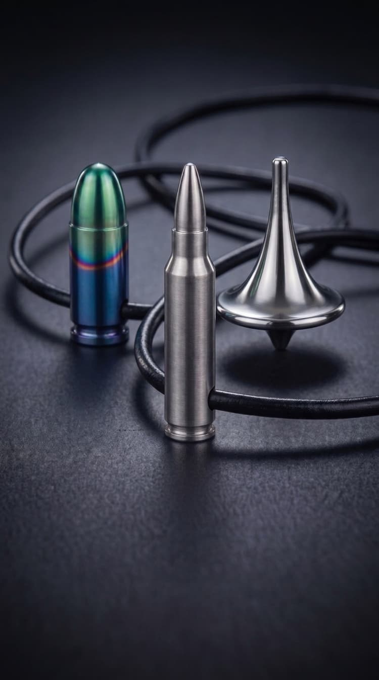 A titanium rifle cartridge pendant, an anodised blue and green pistol cartridge pendant, and a polished titanium spinning top, on a dark surface with a black cord looped behind them