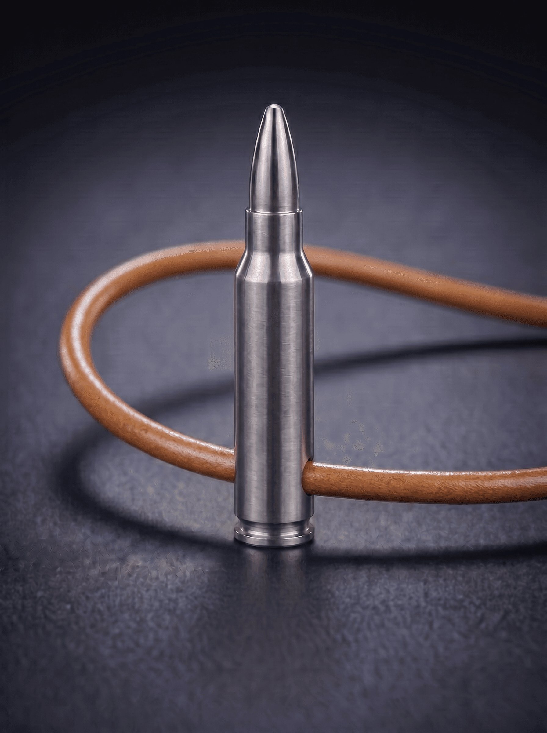 Rifle Cartridge in natural titanium on original leather cord — view 1 — Wear Metal
